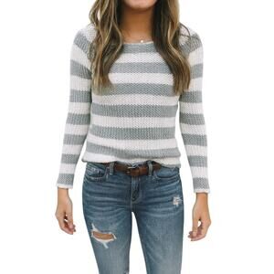 Hanna Andersson Women’s XS Gray Sweater White Cotton Crochet Striped